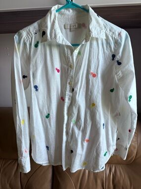 LOFT White Button-Down Shirt with Multicolor Pineapple Embroidery